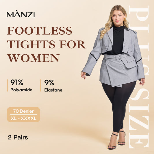 Manzi Plus Size Footless Tights for Women 70D Opaque Black Pantyhose
