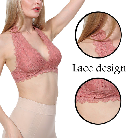 SHINYYEP Floral Lace Halter Bra Bralette Top Hook and Eye Closure Lace Underclothing