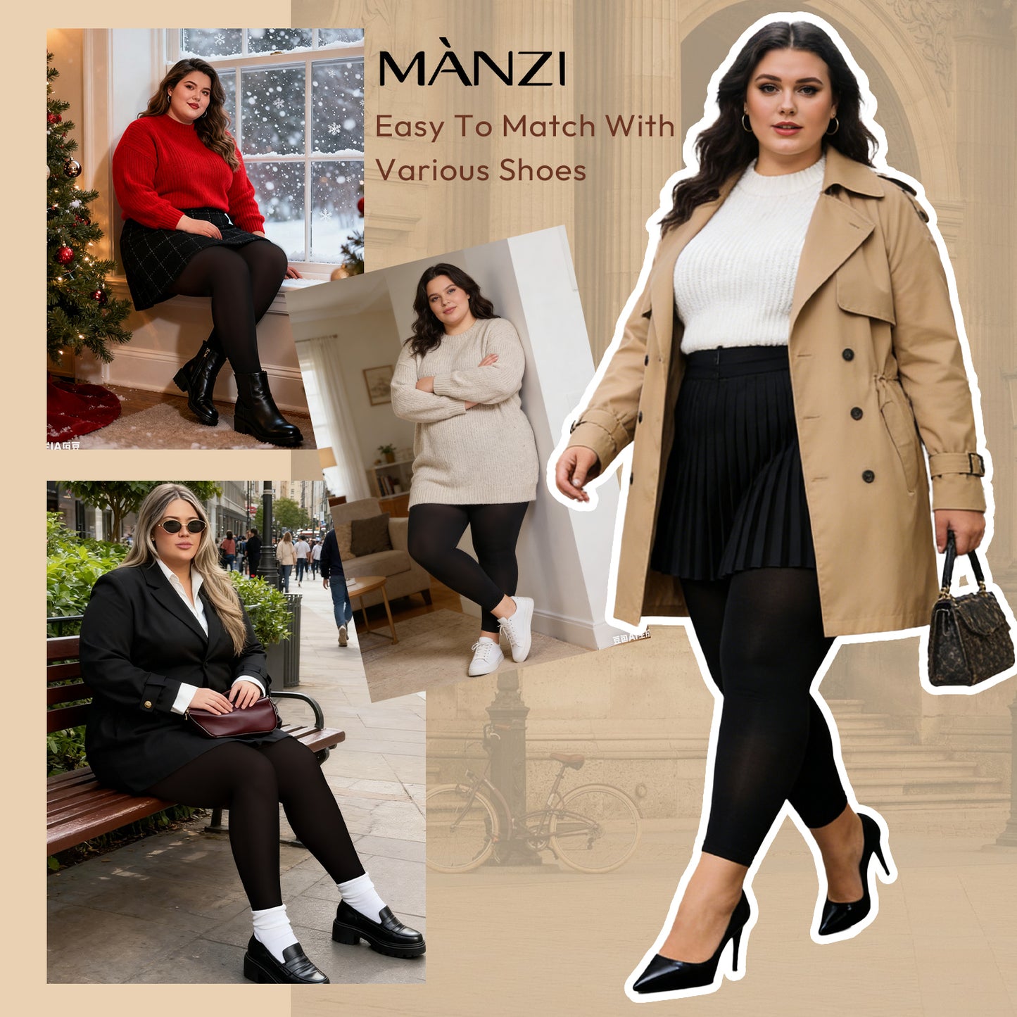 Manzi Plus Size Footless Tights for Women 70D Opaque Black Pantyhose