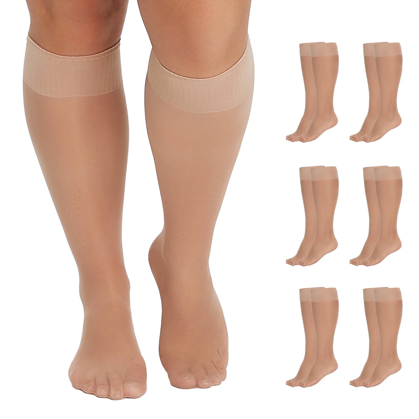 Manzi 6 Pairs Plus Size Knee High Stockings for Women Sheer Nylons Socks