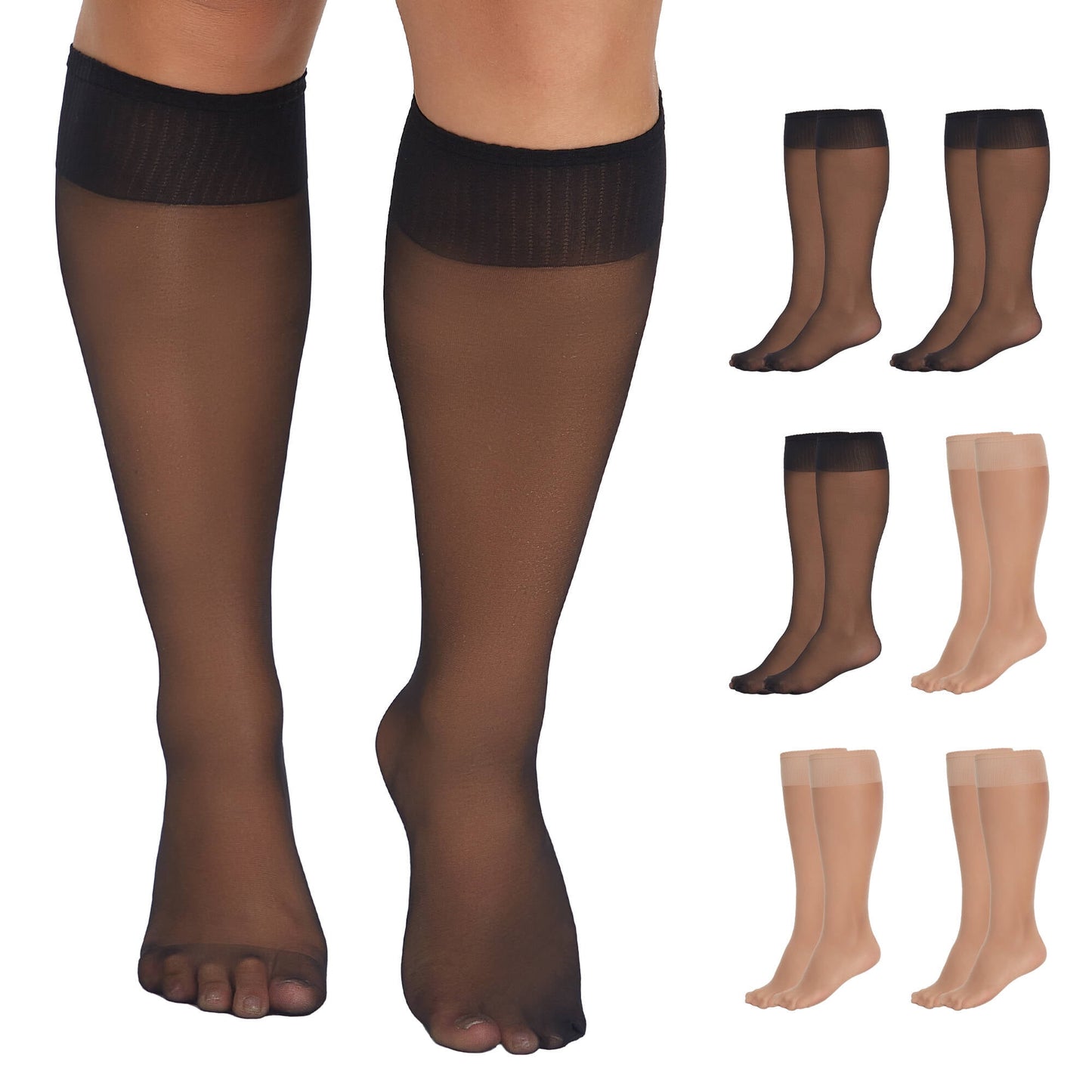 Manzi 6 Pairs Plus Size Knee High Stockings for Women Sheer Nylons Socks