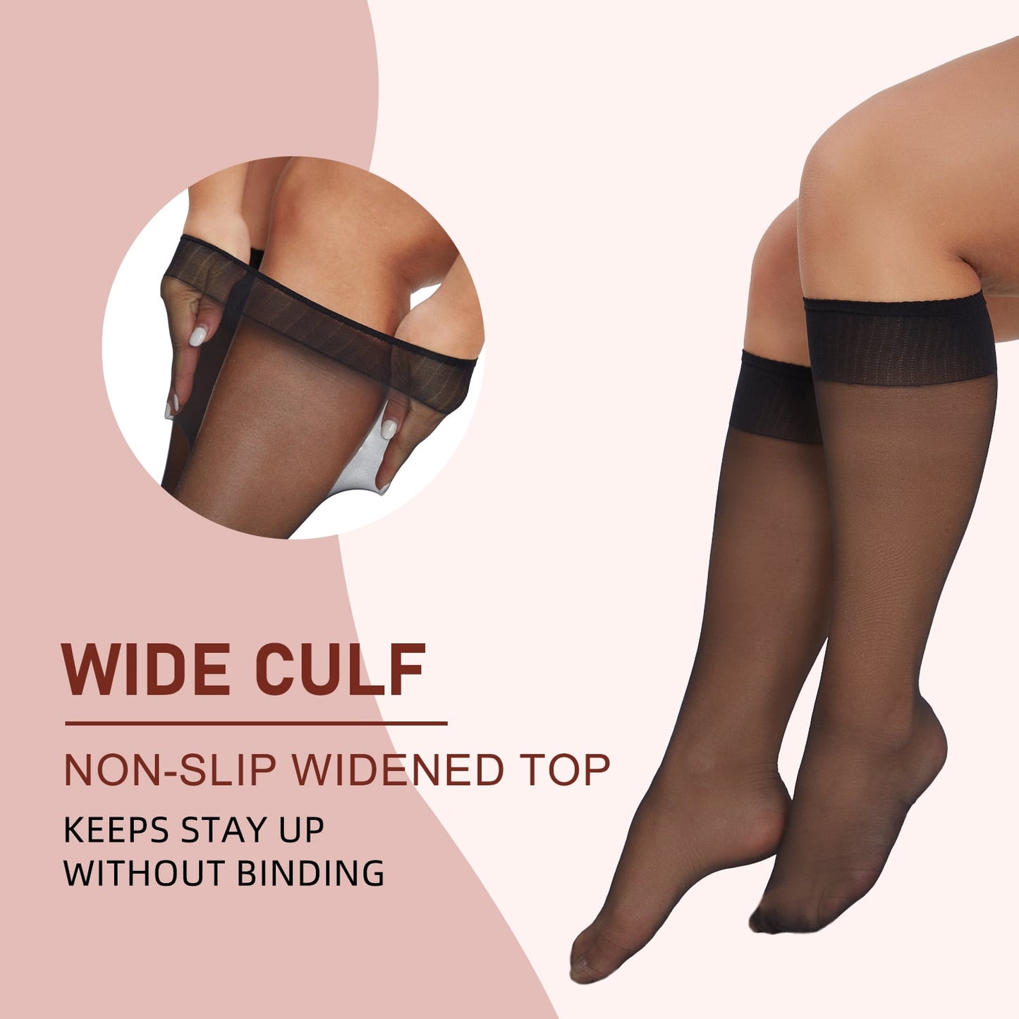 Manzi 6 Pairs Plus Size Knee High Stockings for Women Sheer Nylons Socks
